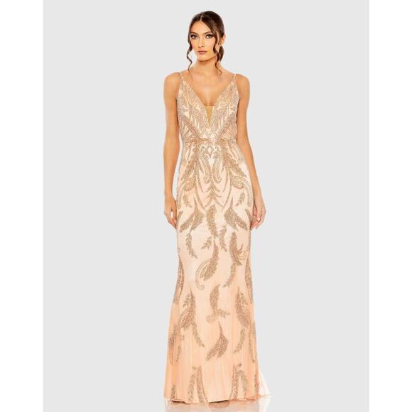 Mac Duggal 6015 Sequin Beaded Blush Gown Nude Champagne Formal Dress NWT 14 - Picture 1 of 10